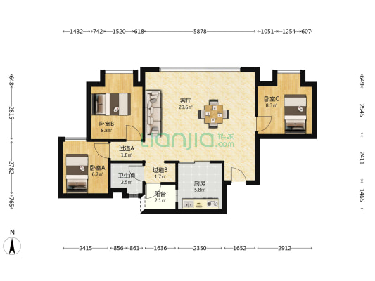 中海春华九里 3室1厅1卫 86平方