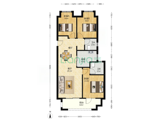 保利悦公馆 3室1厅2卫 108平方