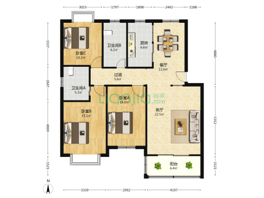桐庆小区 3室2厅2卫 126平方