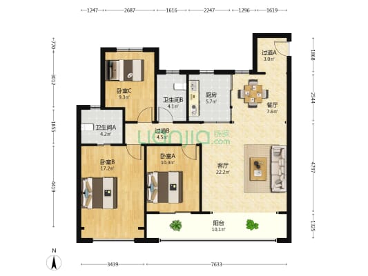 华润置地中心紫园 3室2厅2卫 125平方