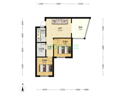 金世纪花园 2室1厅1卫 64平方