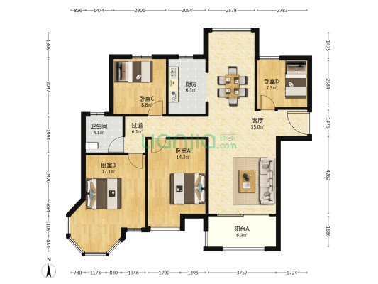 中南世纪城康城三期 4室1厅1卫 125平方