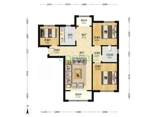 梦泽家园 3室2厅1卫 101平方