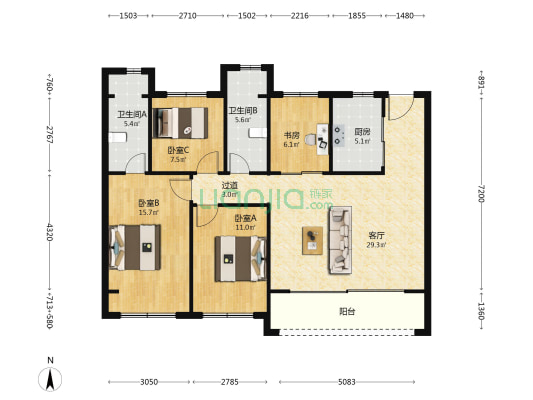 大境公园时代 4室1厅2卫 126平方