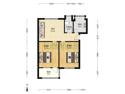 上民航宿舍 2室1厅1卫 66平方