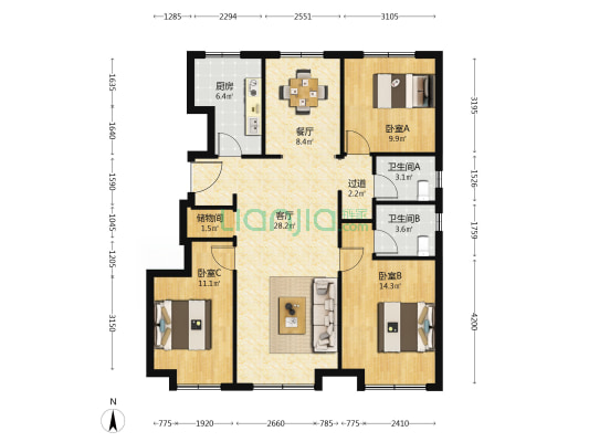诚意出售毛坯四叶草户型。双明卫，中间好楼层，-户型图