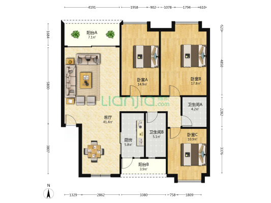 宏润花园 3室1厅2卫 126平方