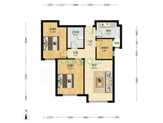 鸿坤理想湾南区 2室2厅 南-户型图