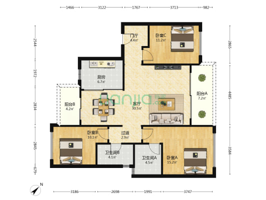 龙湖映辰 3室1厅2卫 114平方