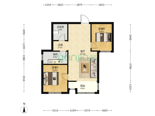 现代奥城 2室1厅1卫 85平方
