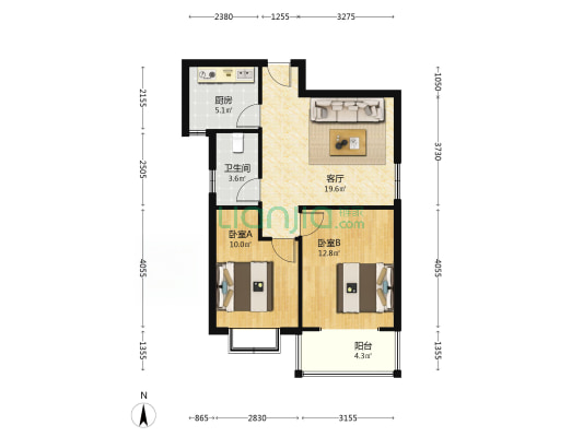 华阳路全阳两居80平45万满五唯一税费低-户型图