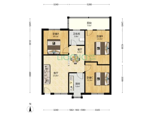 下民航宿舍 3室2厅1卫 85平方