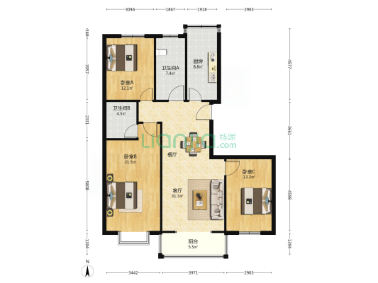 明祥小区 3室1厅2卫 132平方