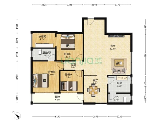 百佳华大厦 3室2厅2卫 120平方