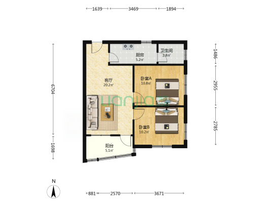 菠萝庙船厂宿舍 2室1厅1卫 67平方