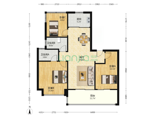 尚泽明珠中心 3室1厅2卫 128平方