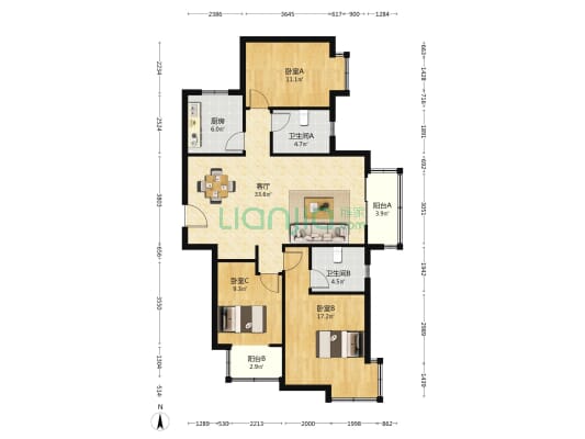 北昌·西队新苑-西区 3室1厅2卫 127平方