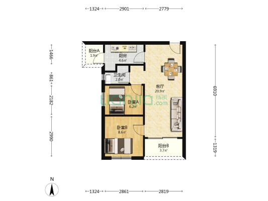 招商锦绣观园 2室1厅1卫 63平方