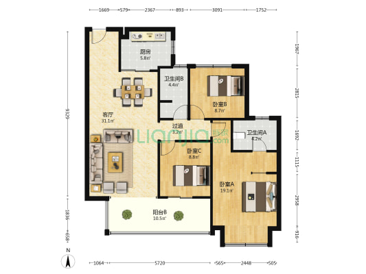 华夏金地世博一号 3室1厅2卫 118平方