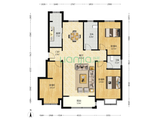城建文苑 3室1厅2卫 140平方