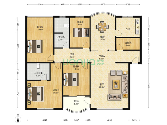 江东花园三号院 4室2厅2卫 178平方