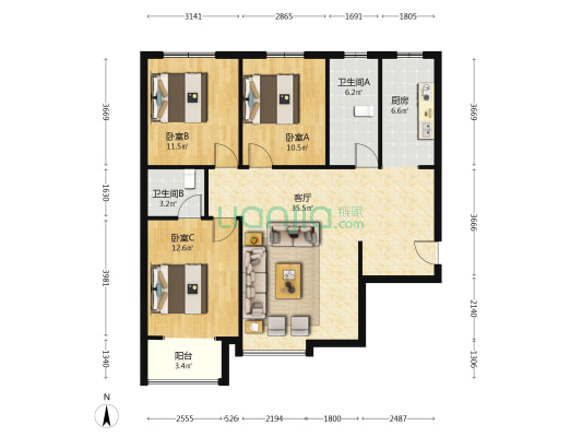 联合七号院东院   南北通透大三居  毛坯满二-户型图