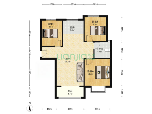华阳东路 保利物业 南北通透 集中供暖 天伦湾三居出售-户型图