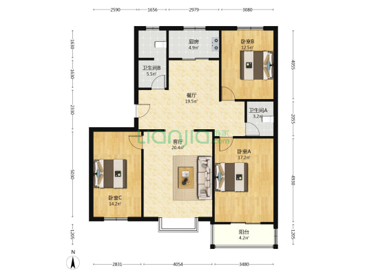 此房满此房满五年， 南北通透三室二厅，板楼公摊小-户型图