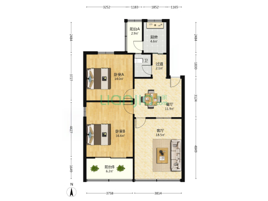 团结北路 2室2厅1卫 90平方