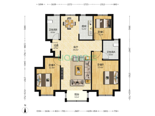 东昊骏璟学府涵苑 3室1厅2卫 119平方