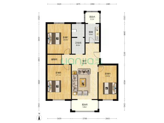 庆丰里小区 3室1厅1卫 119平方