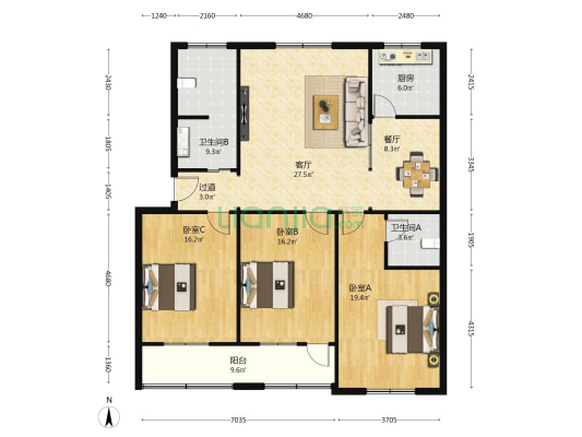 万达公寓 3室2厅2卫 142平方