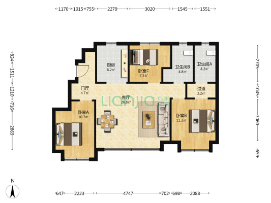 保利云水园二期 3室1厅2卫 102平方
