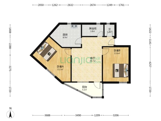 四方池 2室1厅2卫 85平方