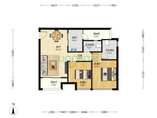 桥达璞樾鎏云 2室1厅2卫 76平方