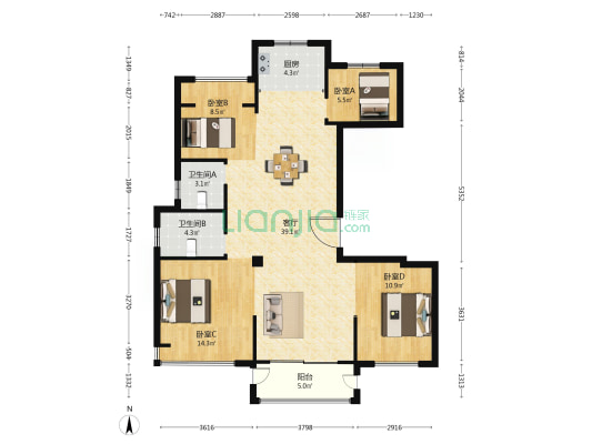 月阳明庭 4室1厅2卫 128平方