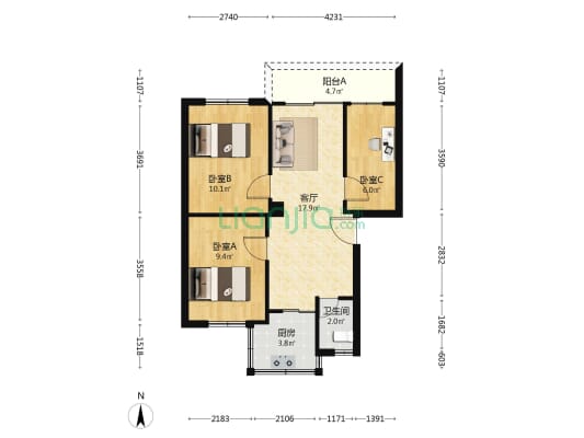 燃气小区 3室1厅1卫 63平方