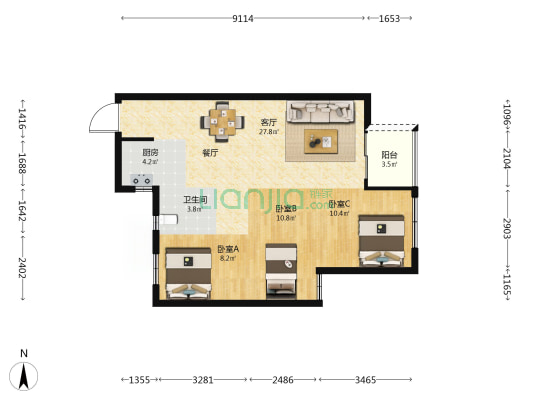 悦江府 3室1厅1卫 89平方