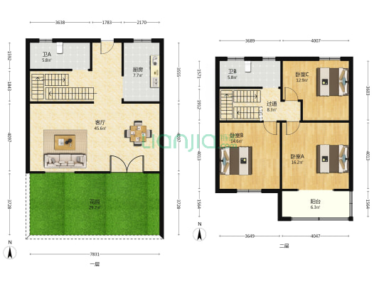 鑫鑫花园 3室1厅2卫 141平方
