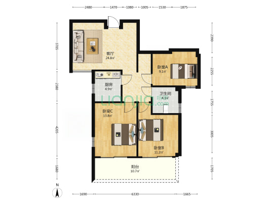 永滨家园 3室1厅1卫 100平方