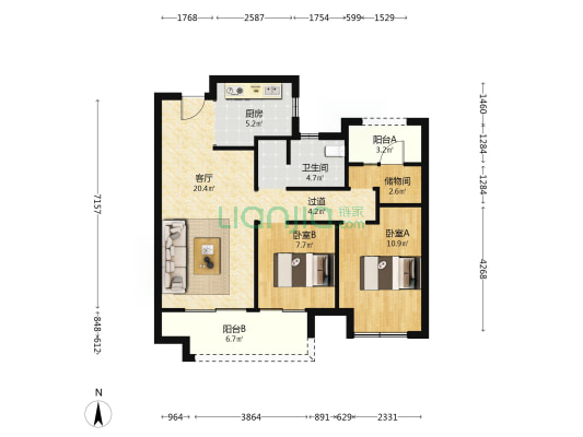 雅宝龙湖春江天玺 2室1厅1卫 88平方