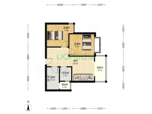 万圣家园A区 2室1厅1卫 66平方