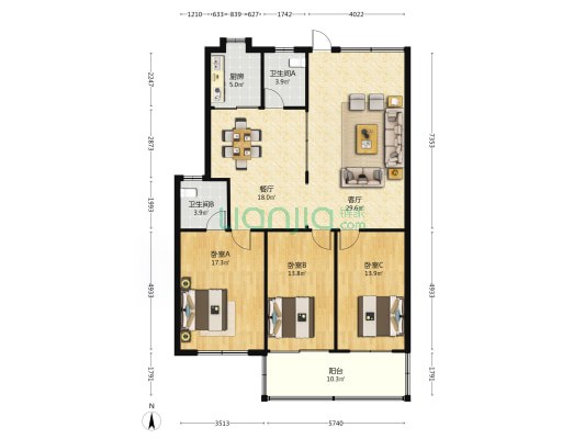 佳能小区 3室2厅2卫 137平方