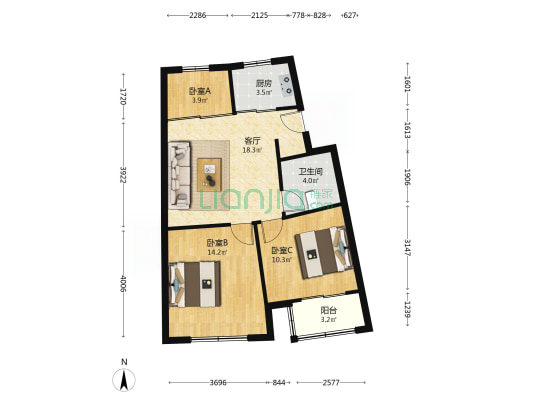 康裕大厦 3室1厅1卫 83平方