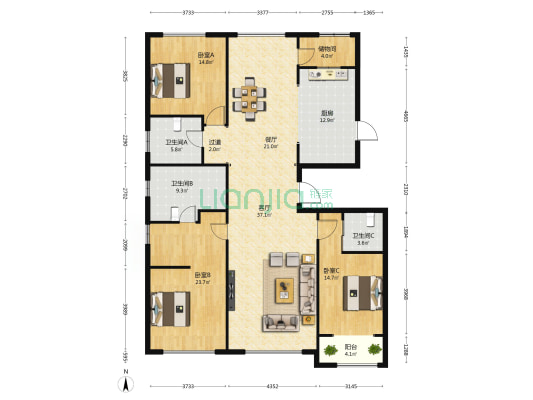 东尚香樟园 3室2厅3卫 195平方