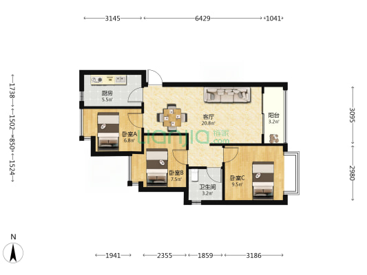 防城港恒大悦澜湾 3室1厅1卫 85平方