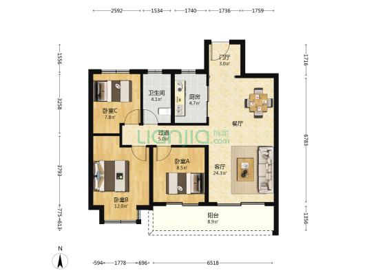 翡翠文华E区 3室1厅1卫 106平方