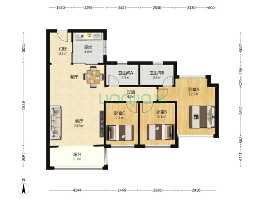 中海寰宇天下汇德里 3室1厅2卫 96平方
