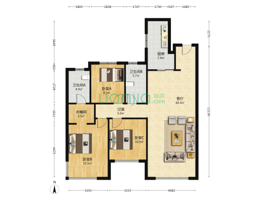 中海天誉 3室1厅2卫 142平方