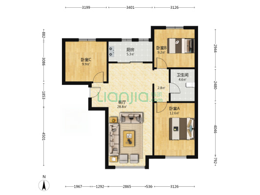 高铁新干线南北通透的户型， 中高楼层 主卧客厅朝南-户型图